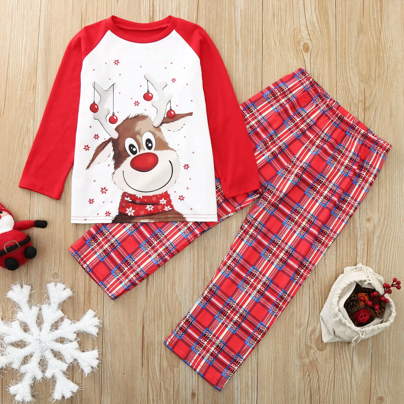 Family Matching Reindeer Plaid Cotton Pajamas Set