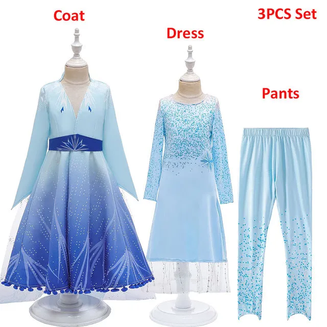 Fancy Snow Queen 2 Princess Anna Dress Coat Pants Cosplay Costume for Girls Elsa Clothing Set Winter Christmas Fairy Tale Frcoks