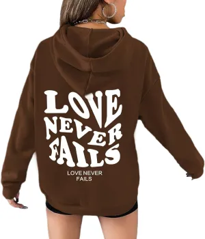 Fkatuzi Women Graphic Zip Up Love Never Fails Hoodie Aesthetic Preppy Sweatshirt Cotton Jacket Fleece Letter Print Zipper Top