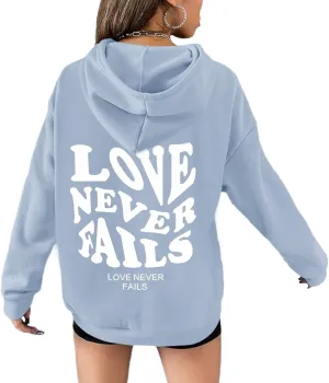 Fkatuzi Women Graphic Zip Up Love Never Fails Hoodie Aesthetic Preppy Sweatshirt Cotton Jacket Fleece Letter Print Zipper Top