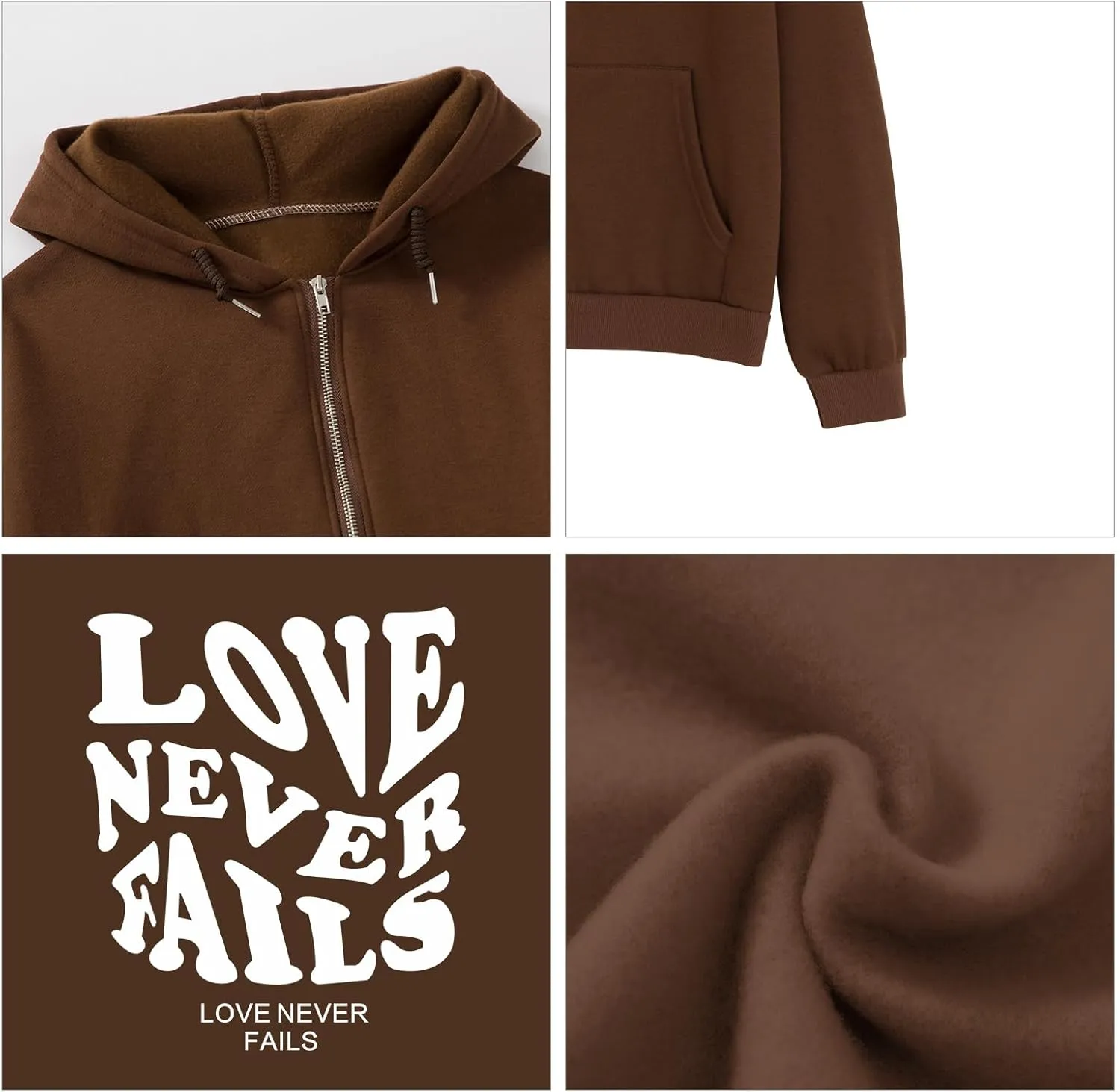 Fkatuzi Women Graphic Zip Up Love Never Fails Hoodie Aesthetic Preppy Sweatshirt Cotton Jacket Fleece Letter Print Zipper Top