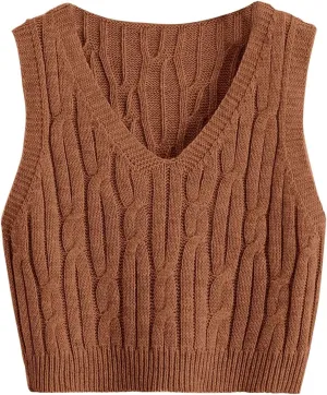 Floerns Women's Cable Knit Sleeveless Sweater Vest V Neck Pullover Crop Tops