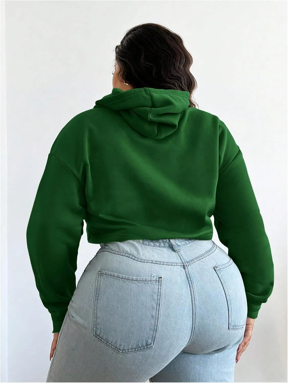 Floerns Women's Plus Size Drawstring Cropped Hoodies Long Sleeve Drop Shoulder Pullover Sweatshirts