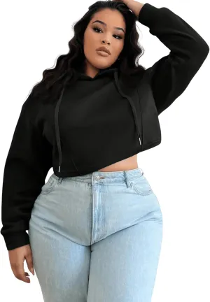 Floerns Women's Plus Size Drawstring Cropped Hoodies Long Sleeve Drop Shoulder Pullover Sweatshirts