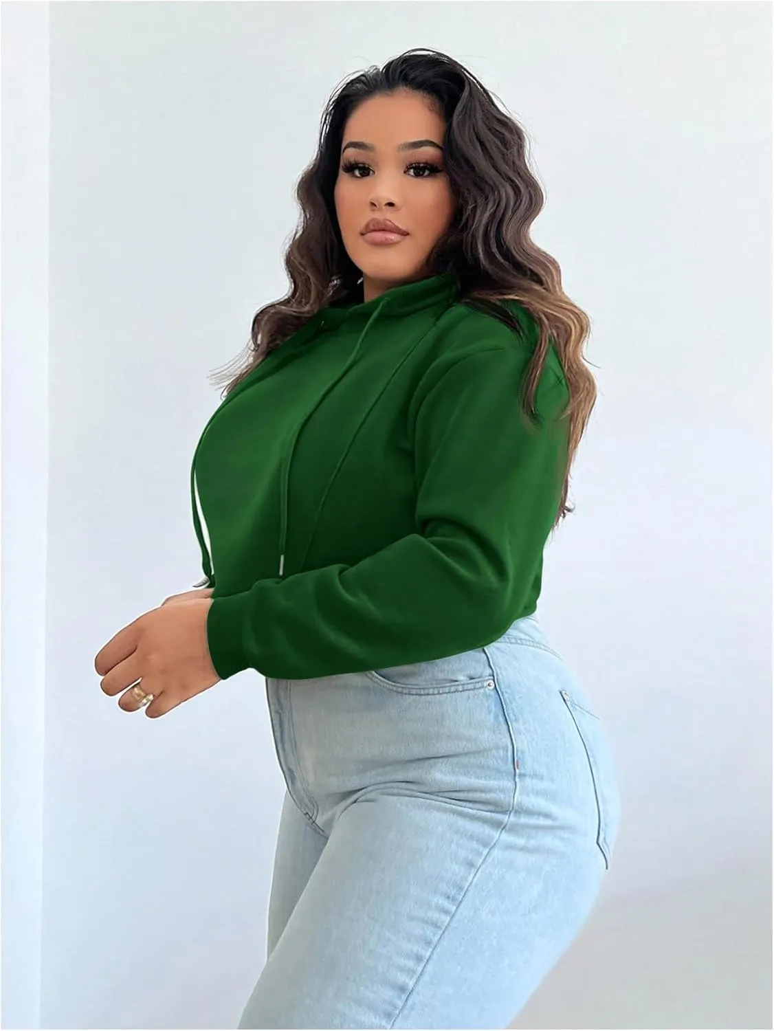 Floerns Women's Plus Size Drawstring Cropped Hoodies Long Sleeve Drop Shoulder Pullover Sweatshirts