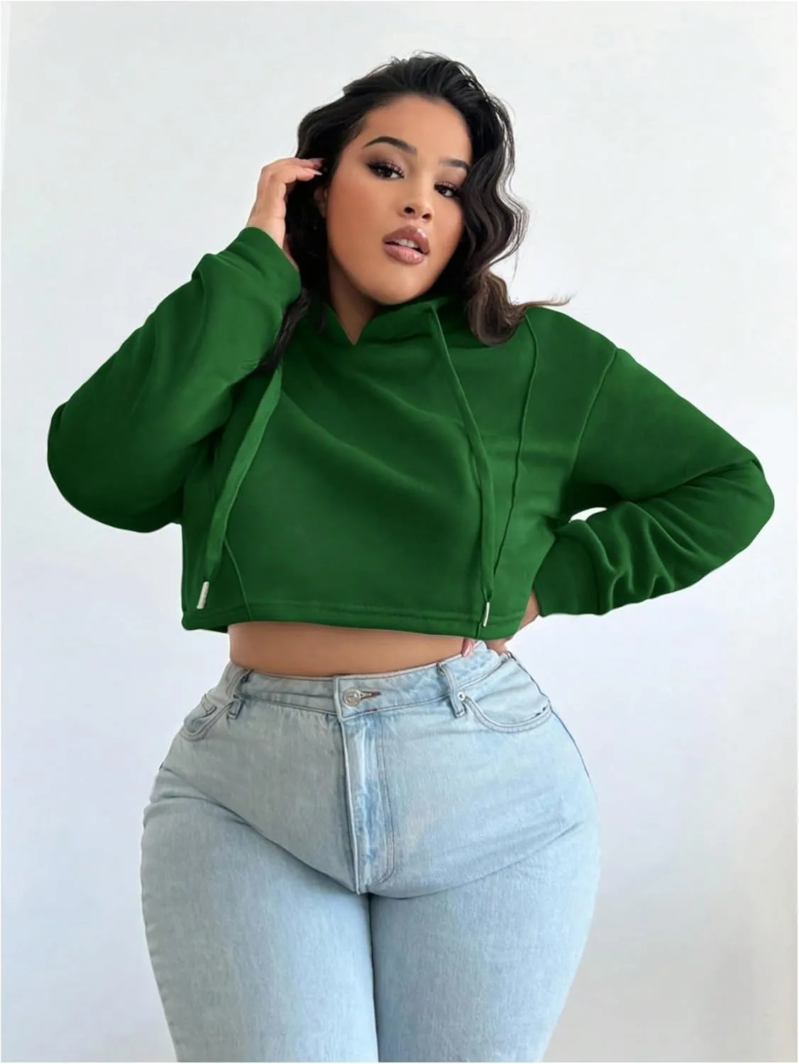 Floerns Women's Plus Size Drawstring Cropped Hoodies Long Sleeve Drop Shoulder Pullover Sweatshirts