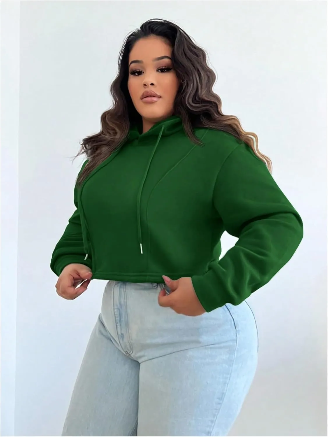 Floerns Women's Plus Size Drawstring Cropped Hoodies Long Sleeve Drop Shoulder Pullover Sweatshirts