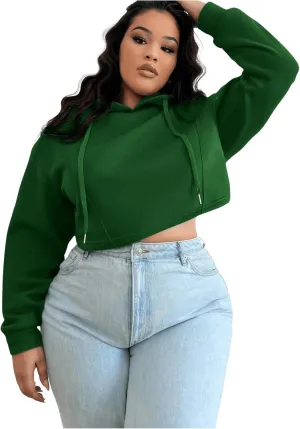 Floerns Women's Plus Size Drawstring Cropped Hoodies Long Sleeve Drop Shoulder Pullover Sweatshirts