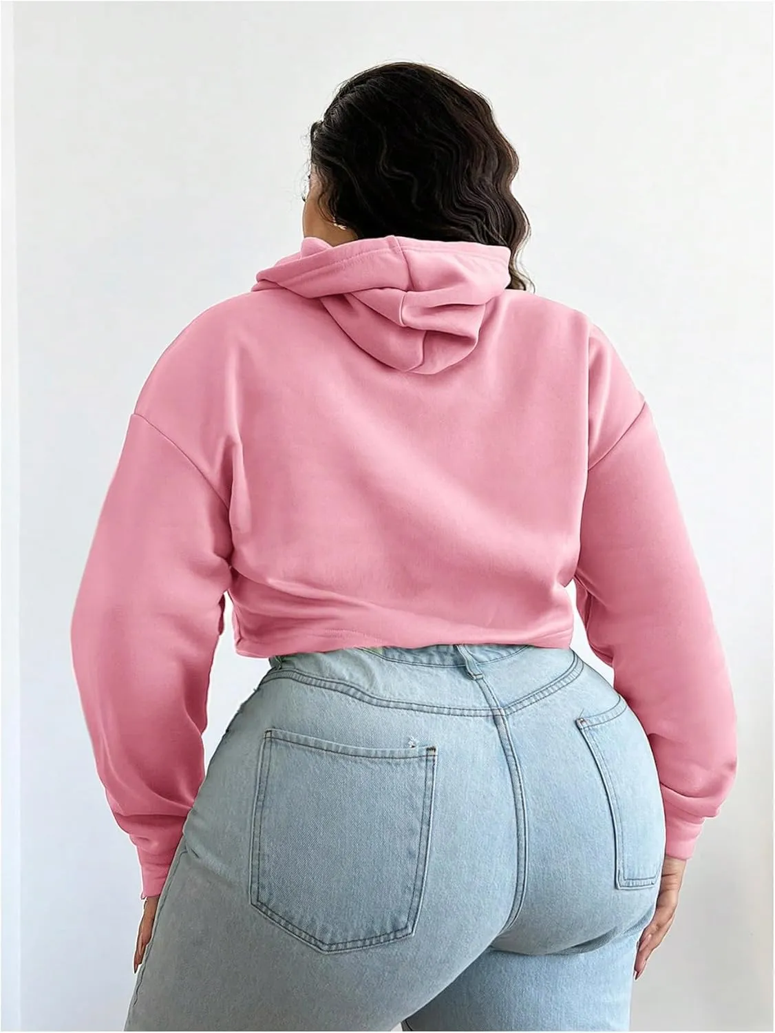Floerns Women's Plus Size Drawstring Cropped Hoodies Long Sleeve Drop Shoulder Pullover Sweatshirts