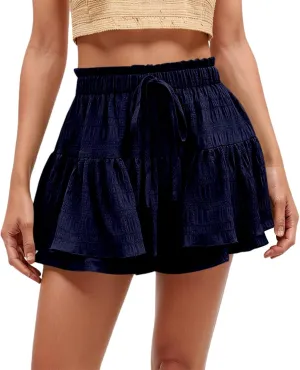Flowy Summer Shorts for Women Lace Layered High Waist Elastic Mini Skirts Ruffle Hem Pleated Casual Swing Beach Skorts