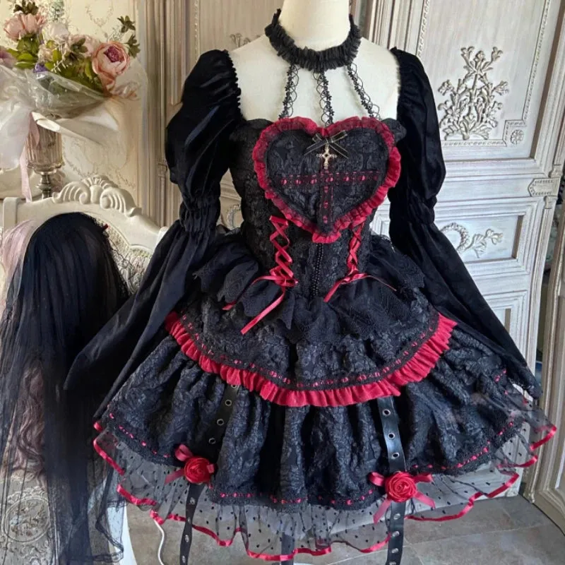 Girlary Gothic Lolita Jsk Dresses Victorian Women Elegant Lace Halter Neck Dark Mini Dress Girls Punk Y2K Halloween Holiday Party Dress