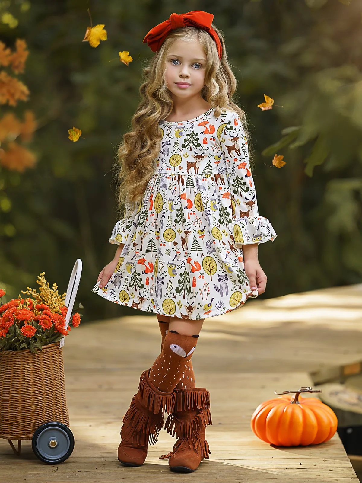 Girls Animal & Trees Print Long Ruffled Sleeve Dress