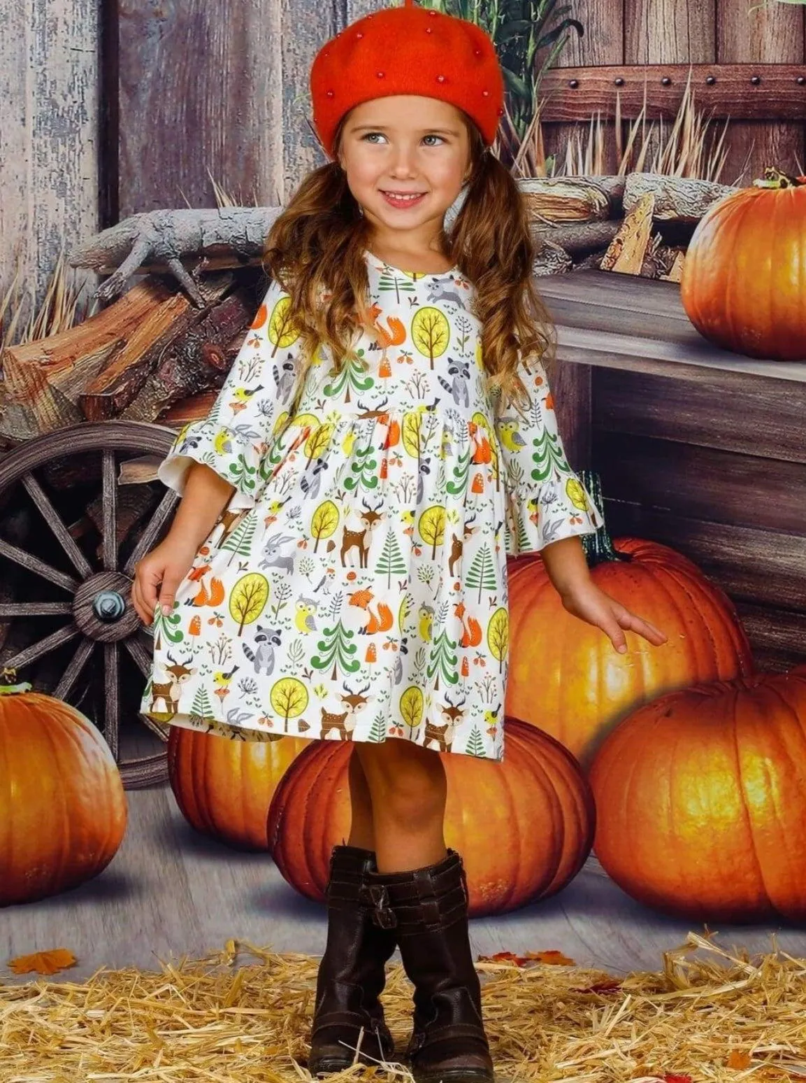 Girls Animal & Trees Print Long Ruffled Sleeve Dress
