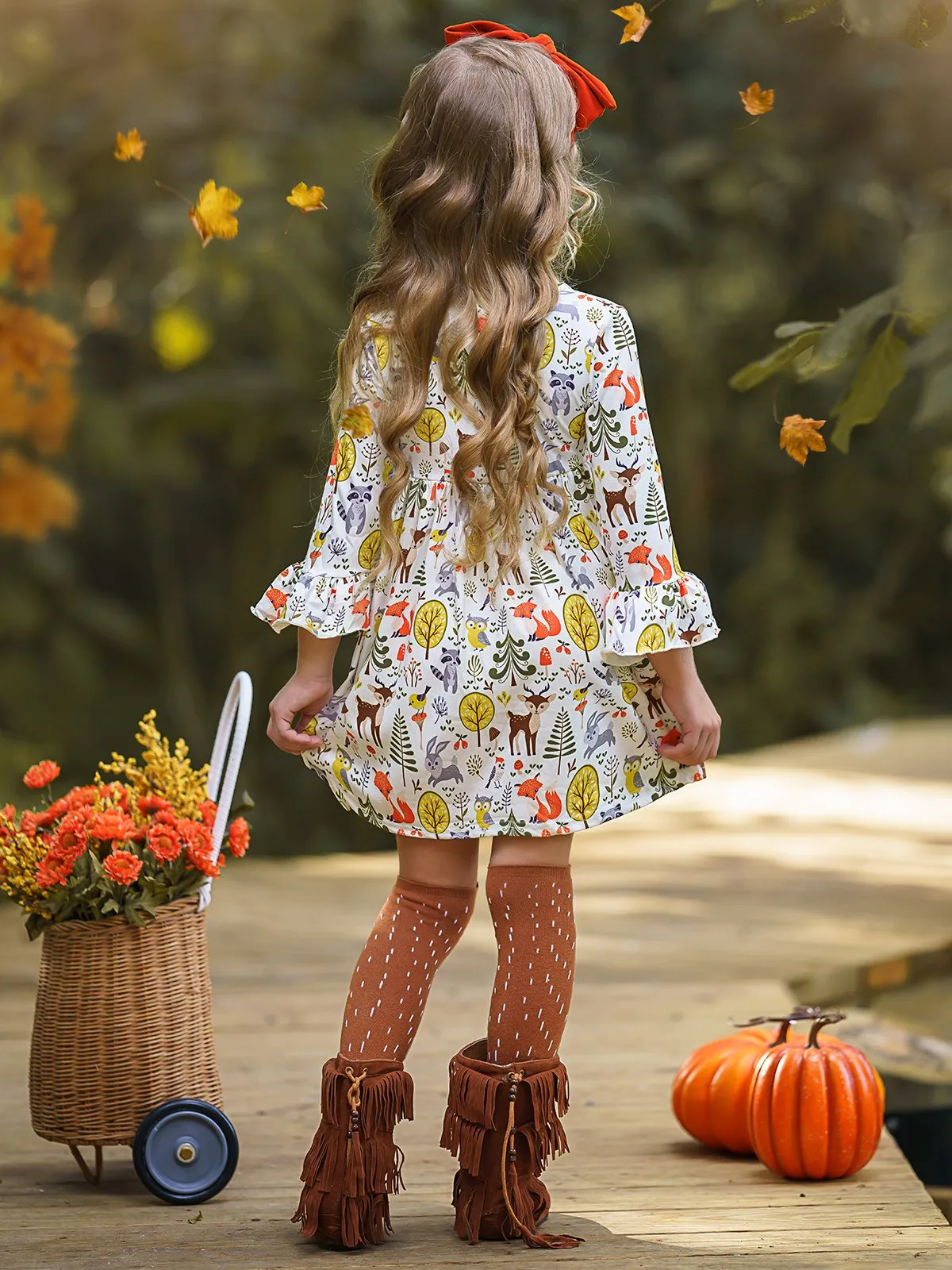 Girls Animal & Trees Print Long Ruffled Sleeve Dress
