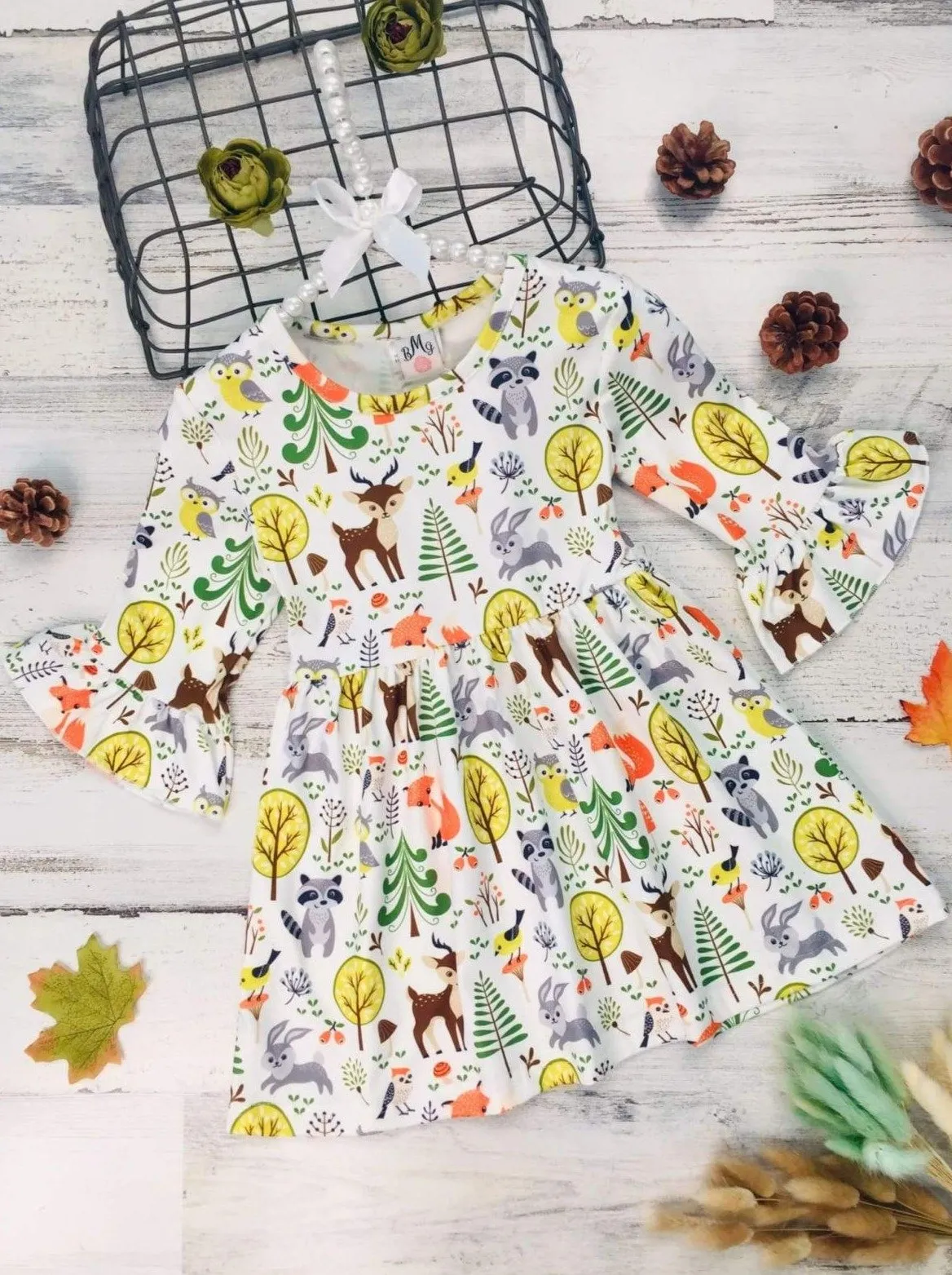 Girls Animal & Trees Print Long Ruffled Sleeve Dress