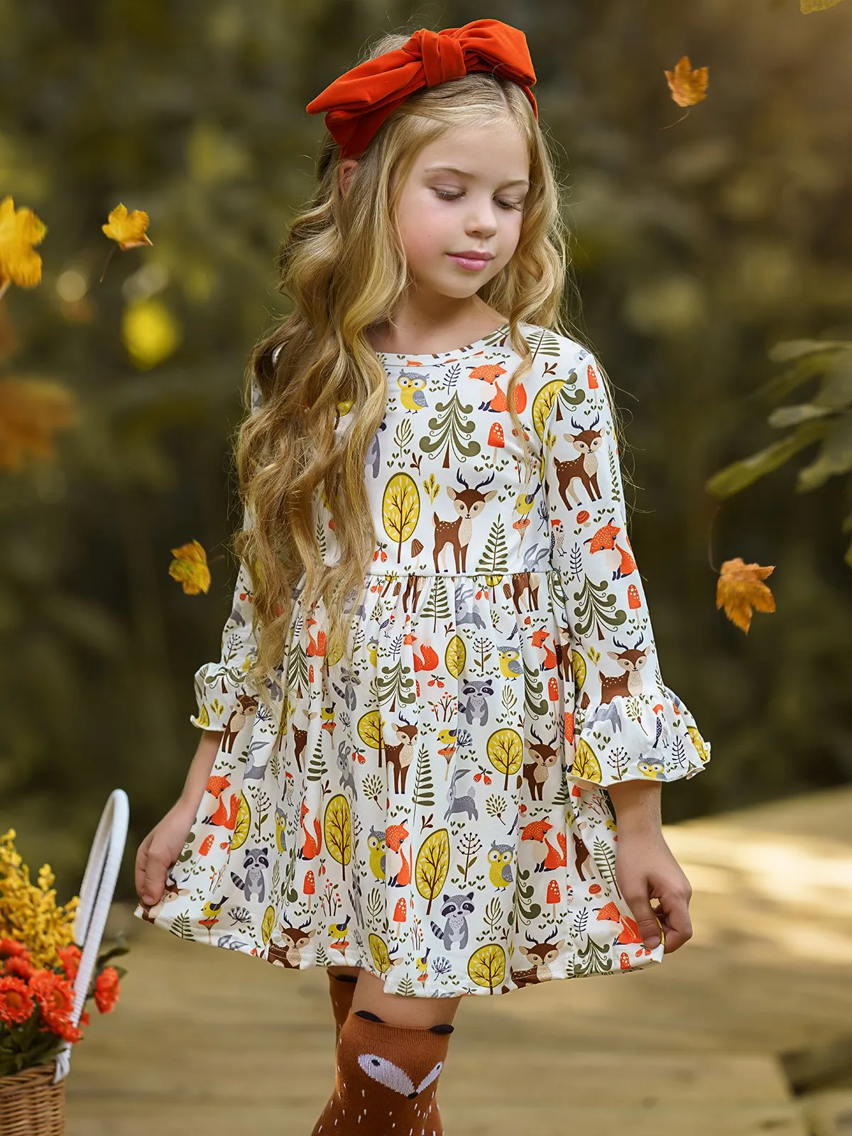 Girls Animal & Trees Print Long Ruffled Sleeve Dress