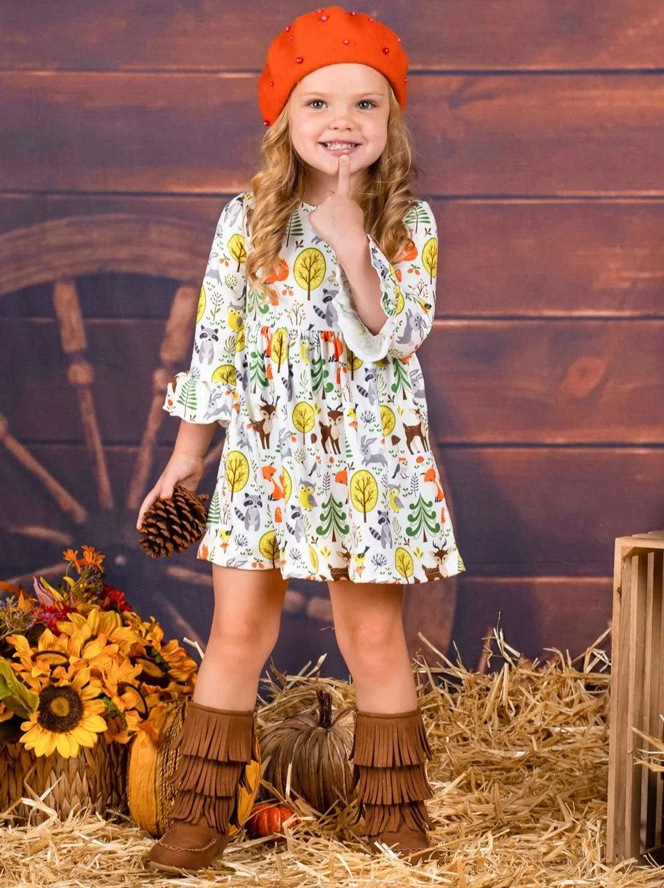 Girls Animal & Trees Print Long Ruffled Sleeve Dress