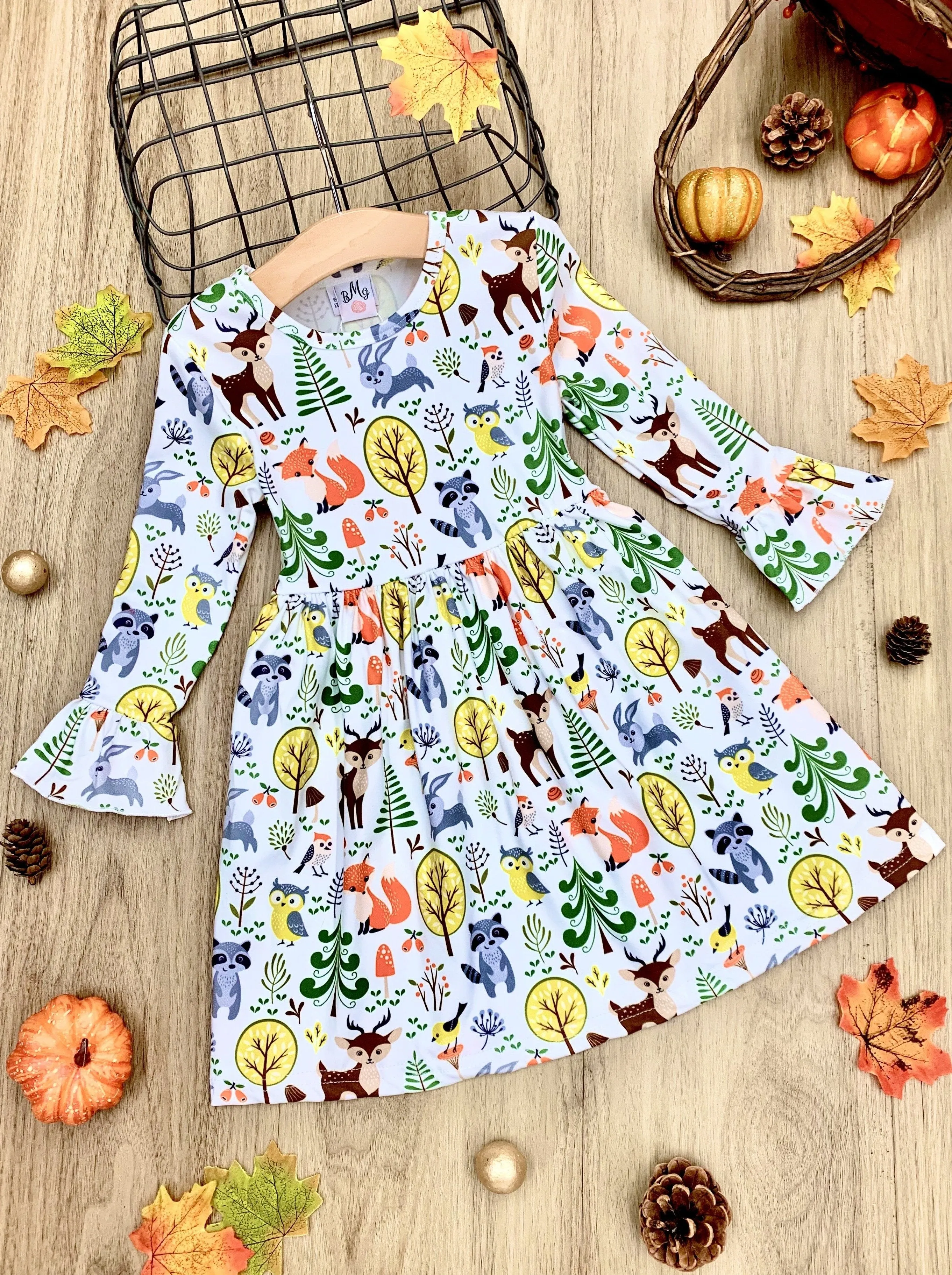 Girls Animal & Trees Print Long Ruffled Sleeve Dress