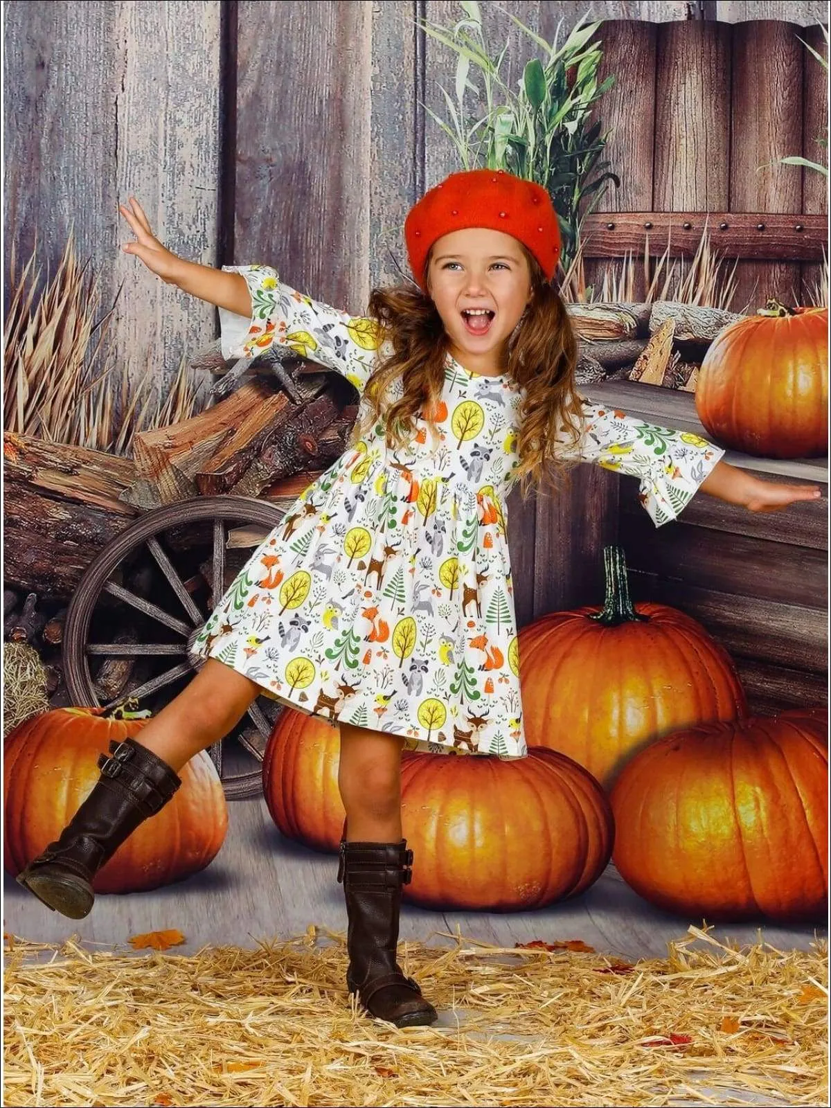 Girls Animal & Trees Print Long Ruffled Sleeve Dress