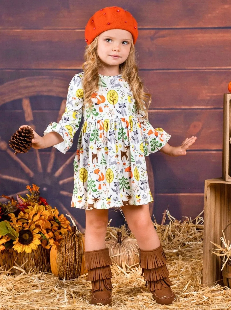 Girls Animal & Trees Print Long Ruffled Sleeve Dress