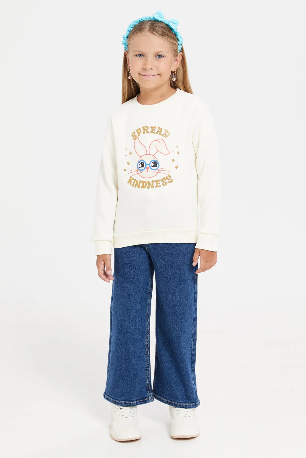 Girls Blue Wide Leg Jeans With Floral Belt