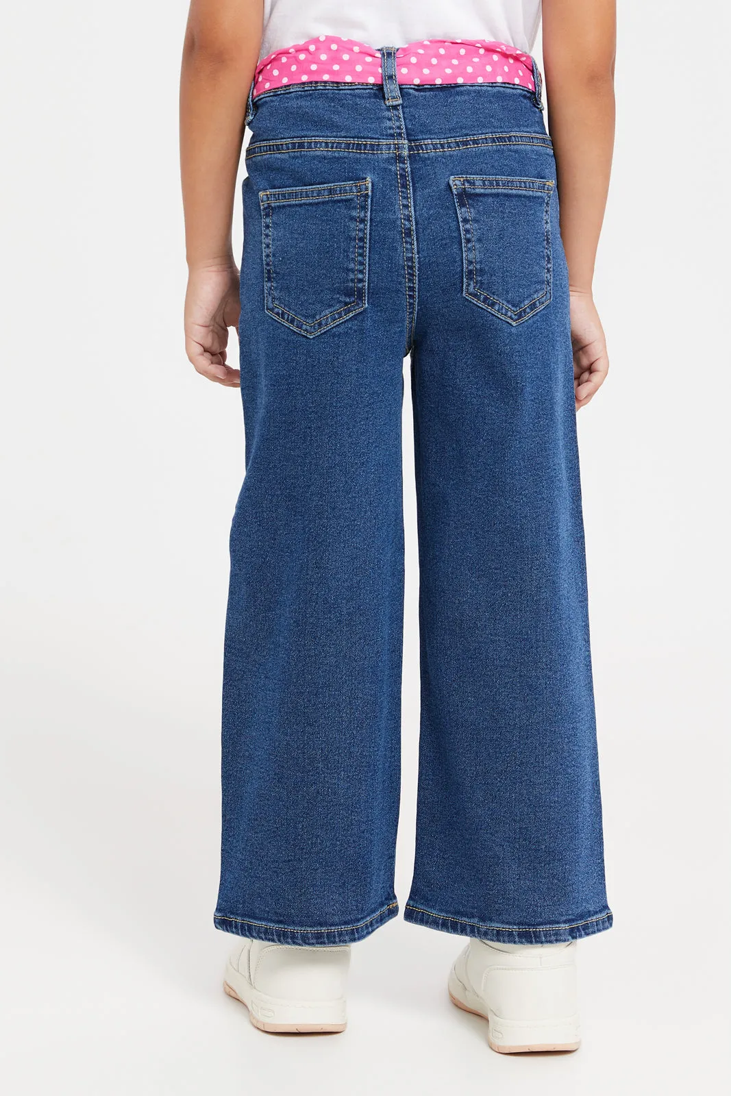 Girls Blue Wide Leg Jeans With Floral Belt