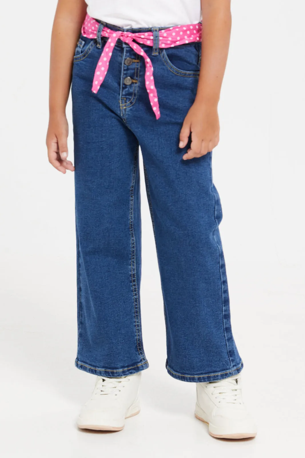 Girls Blue Wide Leg Jeans With Floral Belt