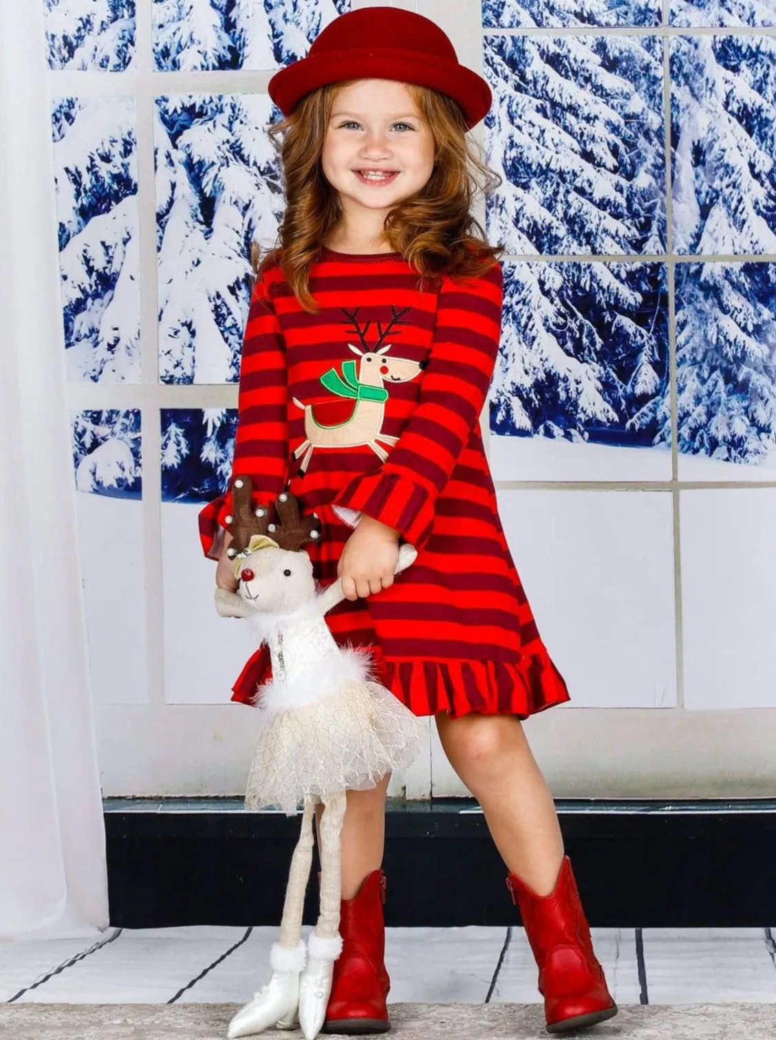 Girls Christmas Themed Long Sleeve Striped Reindeer Ruffled Dress