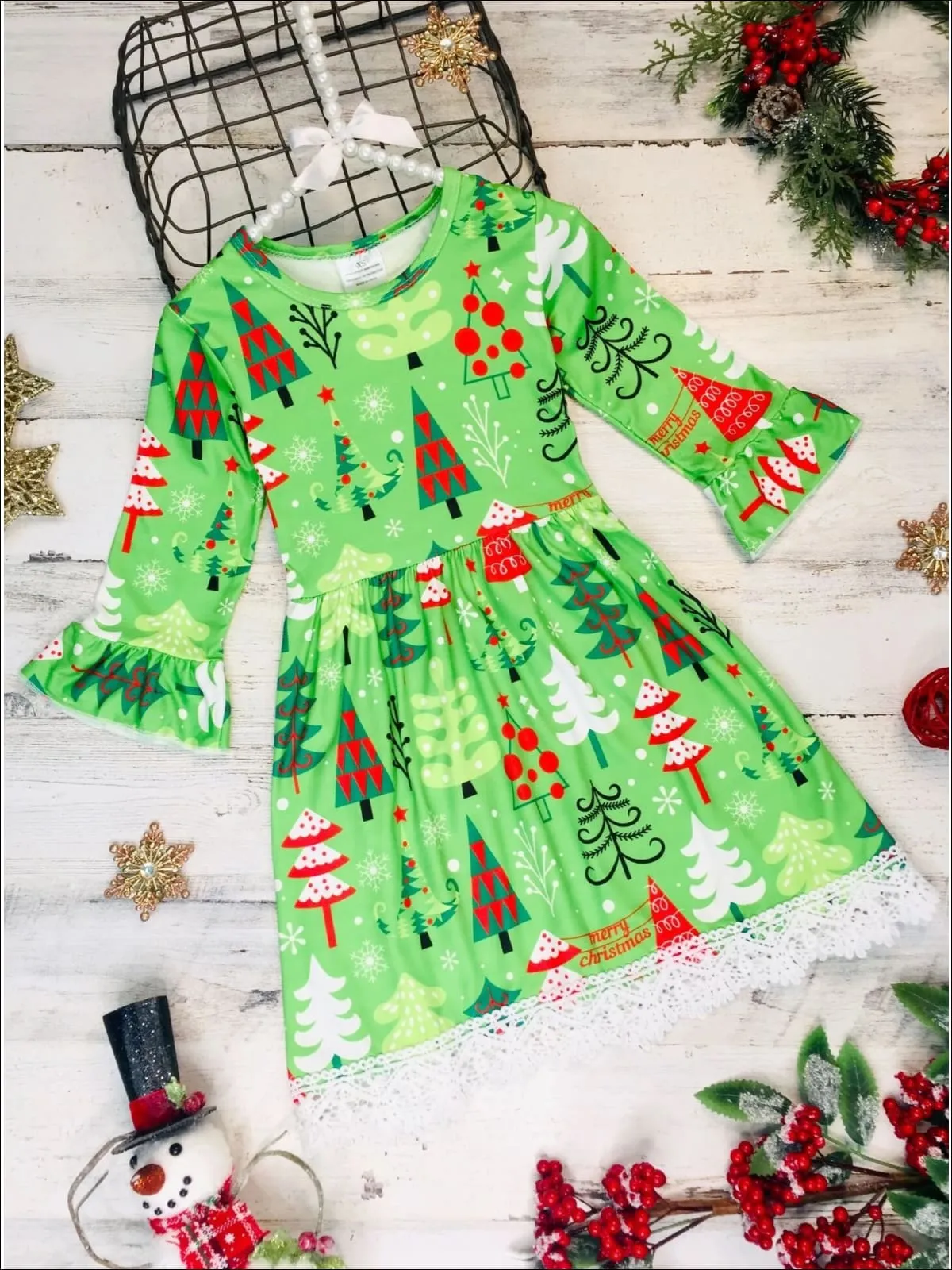 Girls Christmas Tree Ruffle Sleeve Lace Hem Dress