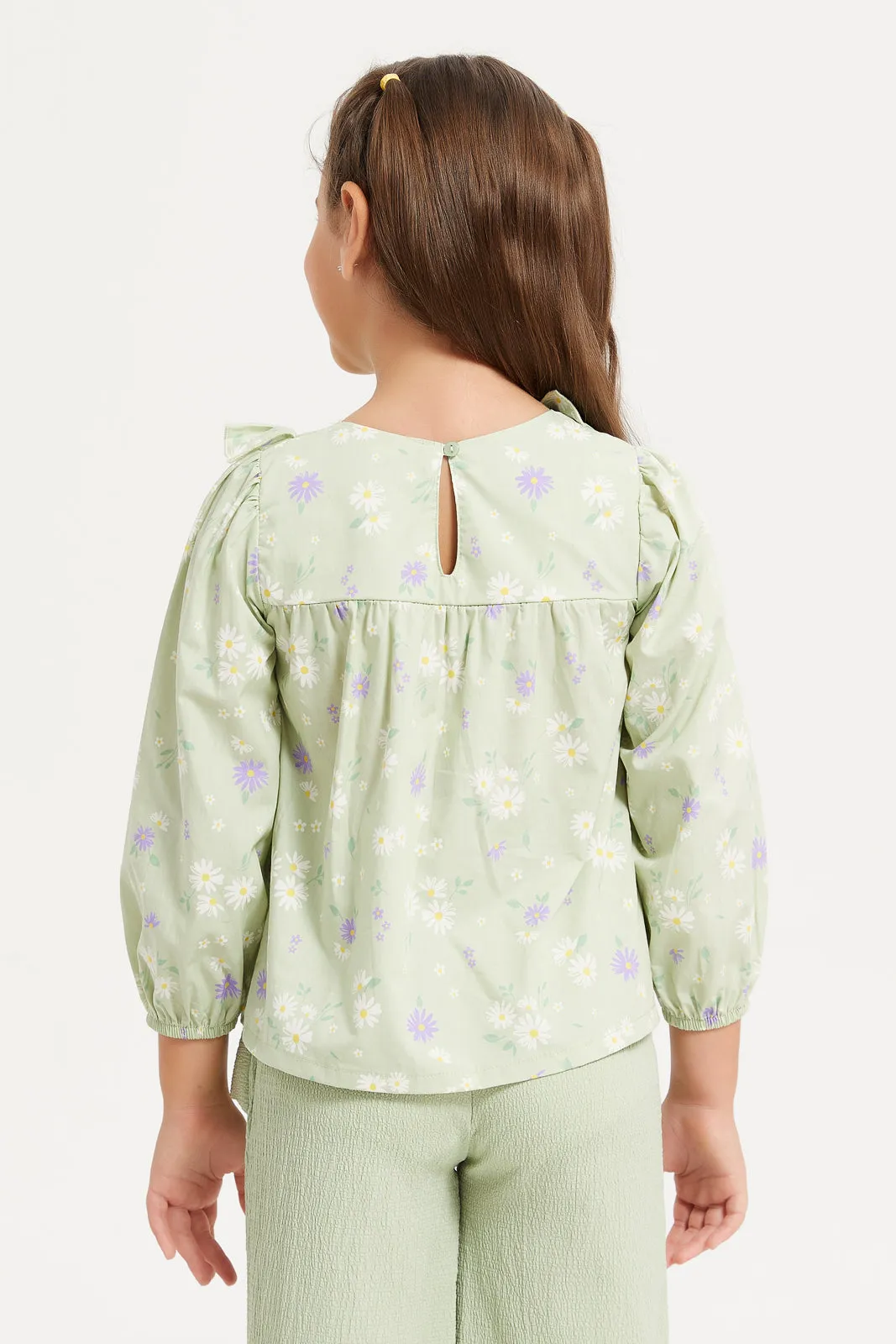 Girls Green Printed Long Sleeved Blouse With Frills