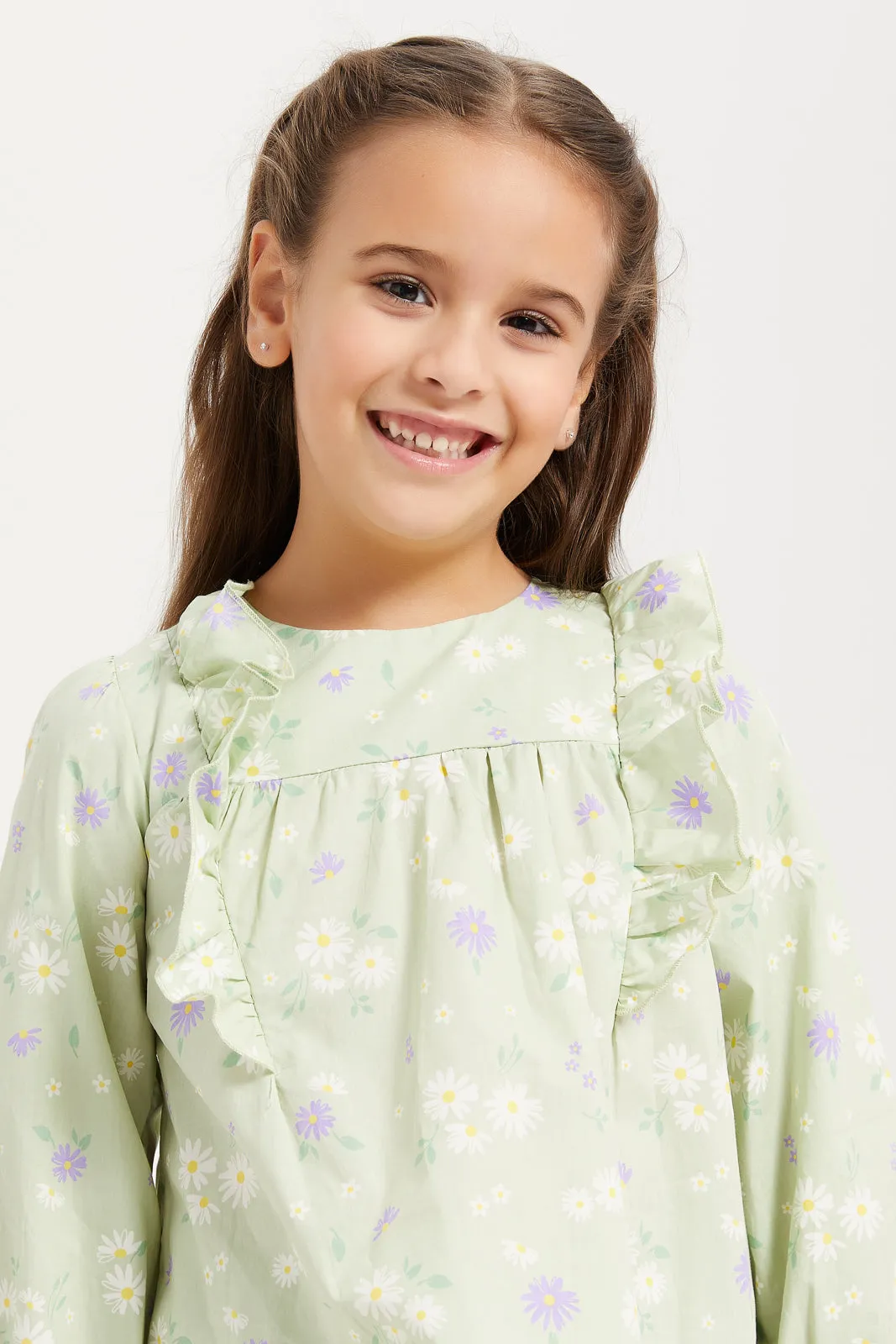 Girls Green Printed Long Sleeved Blouse With Frills