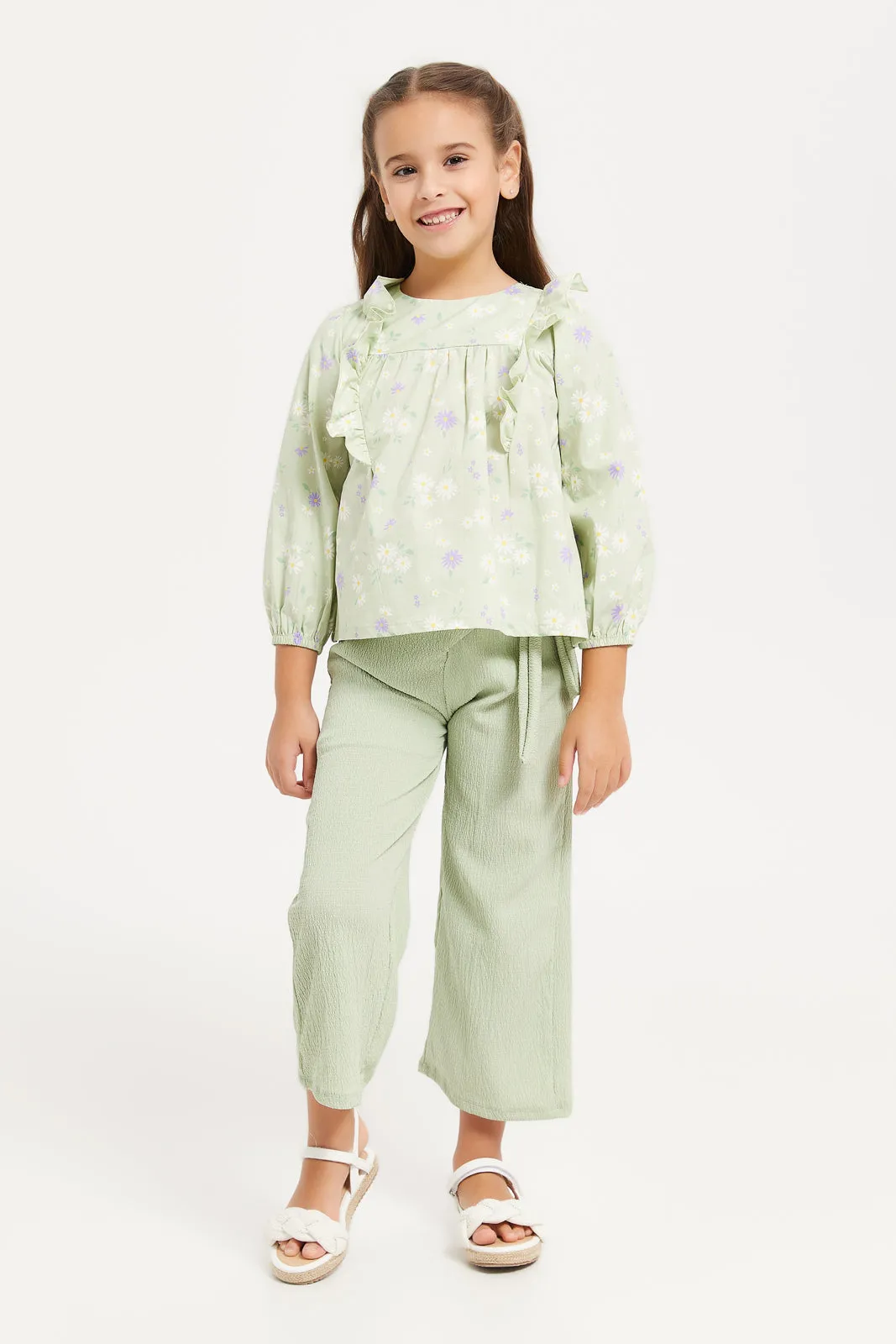 Girls Green Printed Long Sleeved Blouse With Frills