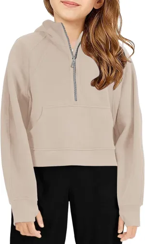 Girls Half Ziper Collar Cropped Hoodies Long Sleeve Fleece Zip Up Pullover Sweatshirts