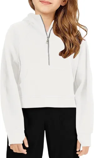 Girls Half Ziper Collar Cropped Hoodies Long Sleeve Fleece Zip Up Pullover Sweatshirts