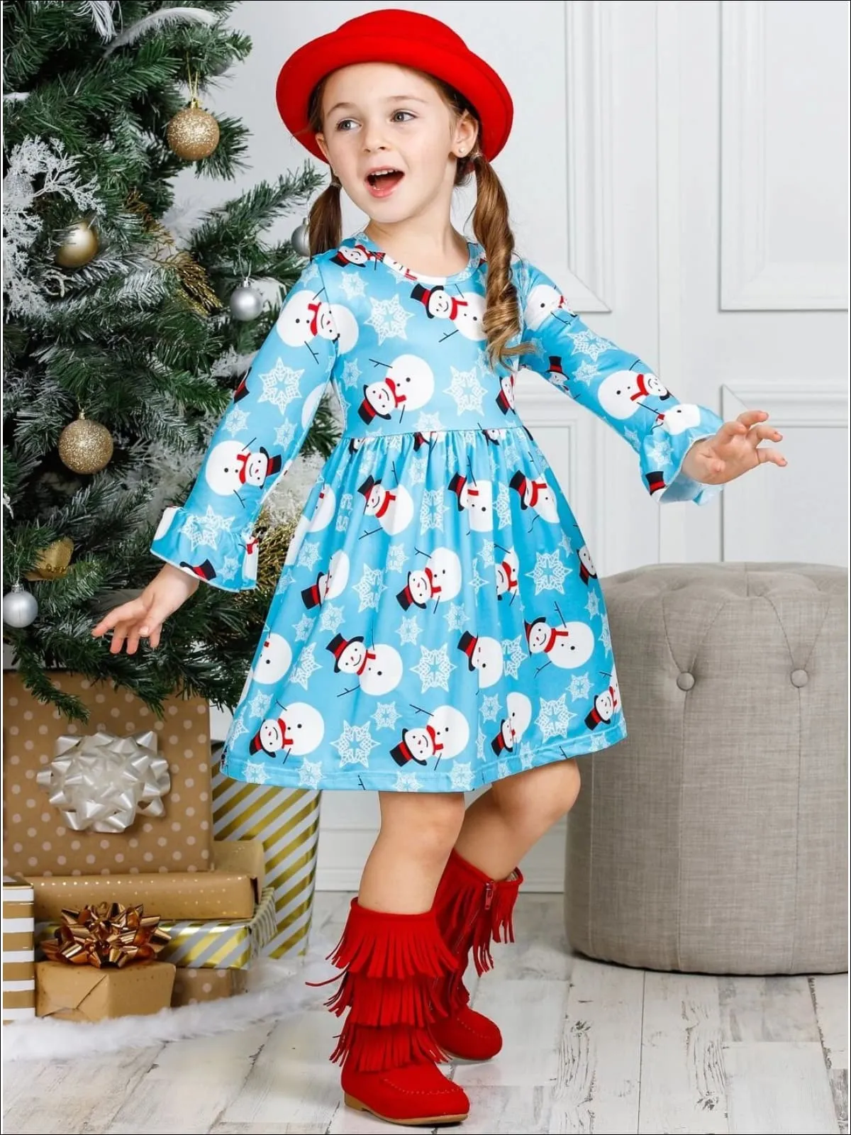 Girls Long Ruffled Sleeve Snowman Print Dress