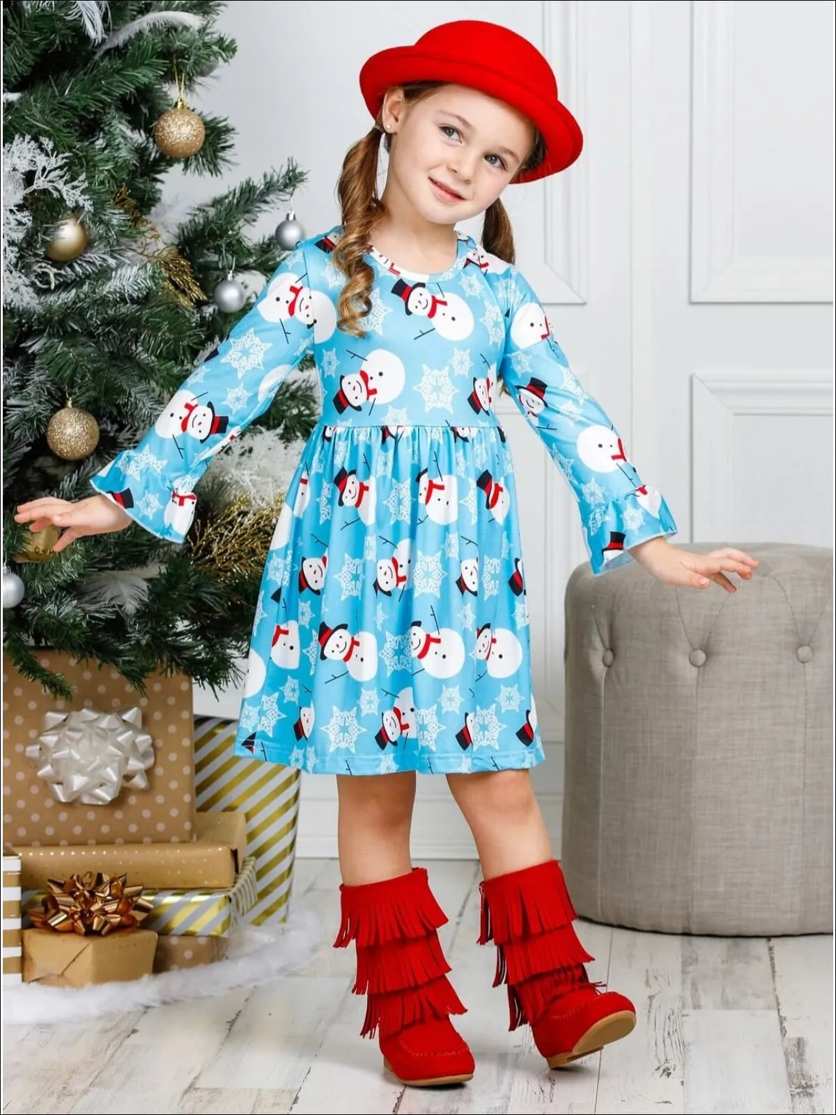 Girls Long Ruffled Sleeve Snowman Print Dress