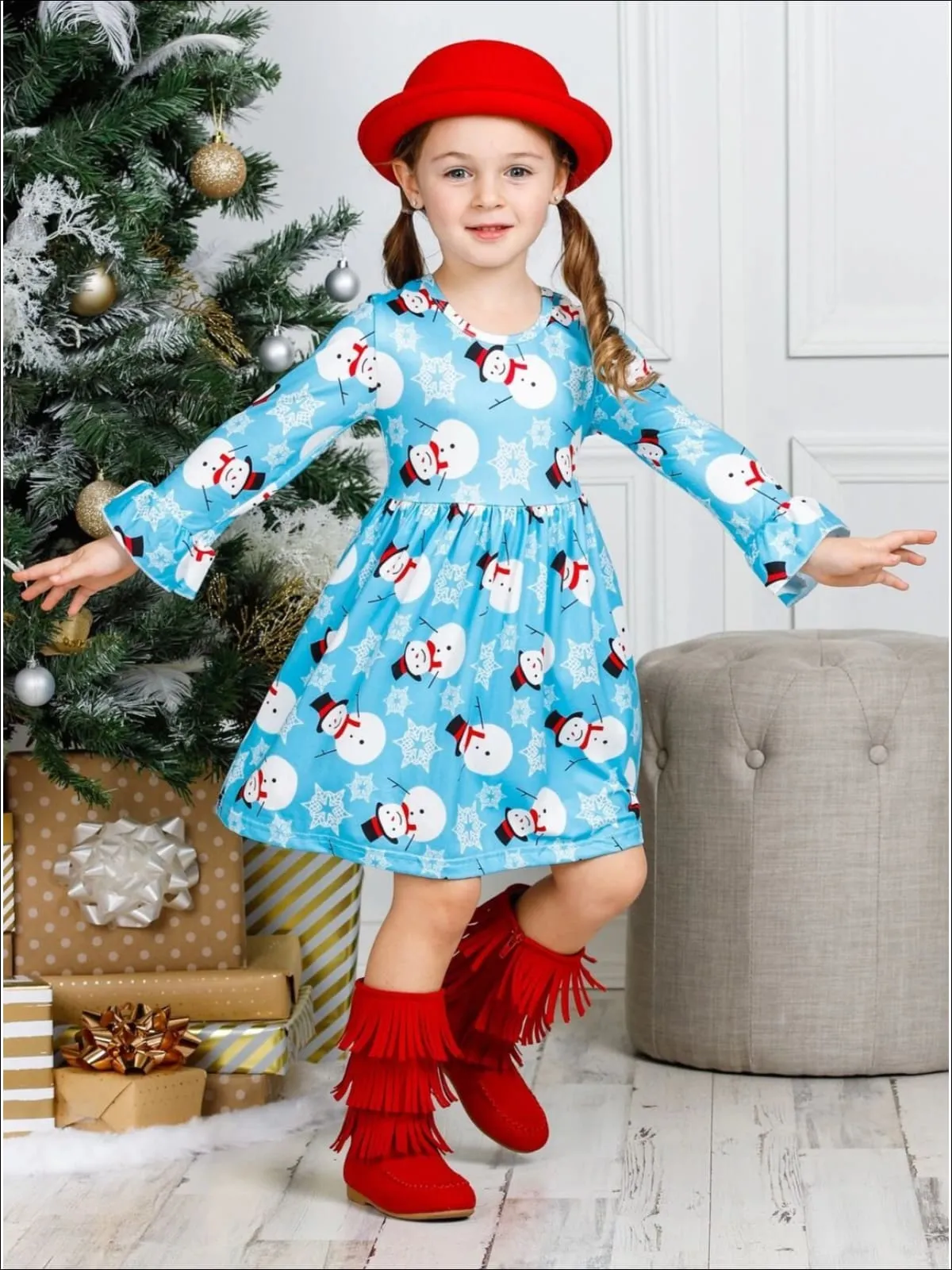Girls Long Ruffled Sleeve Snowman Print Dress