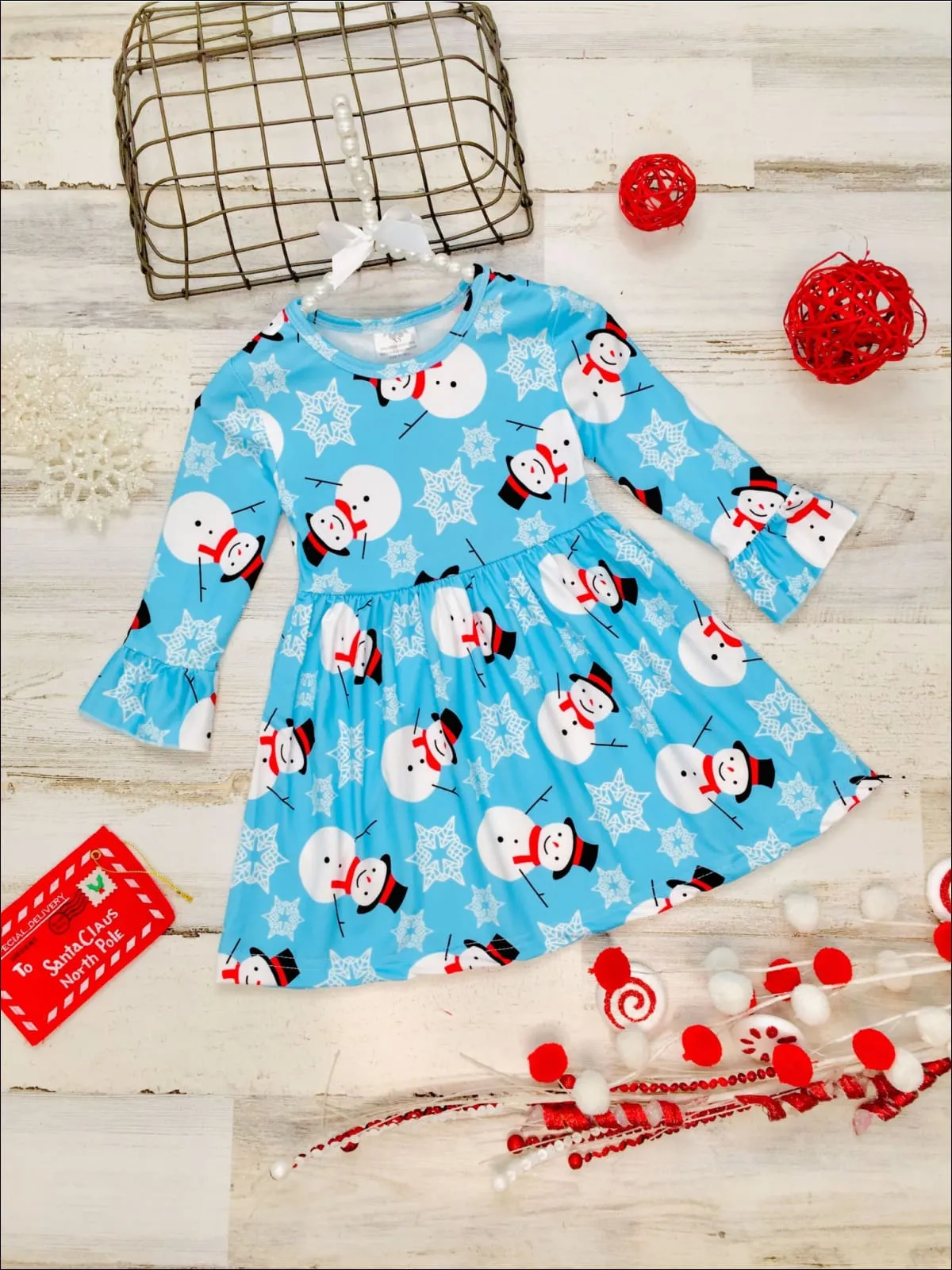 Girls Long Ruffled Sleeve Snowman Print Dress