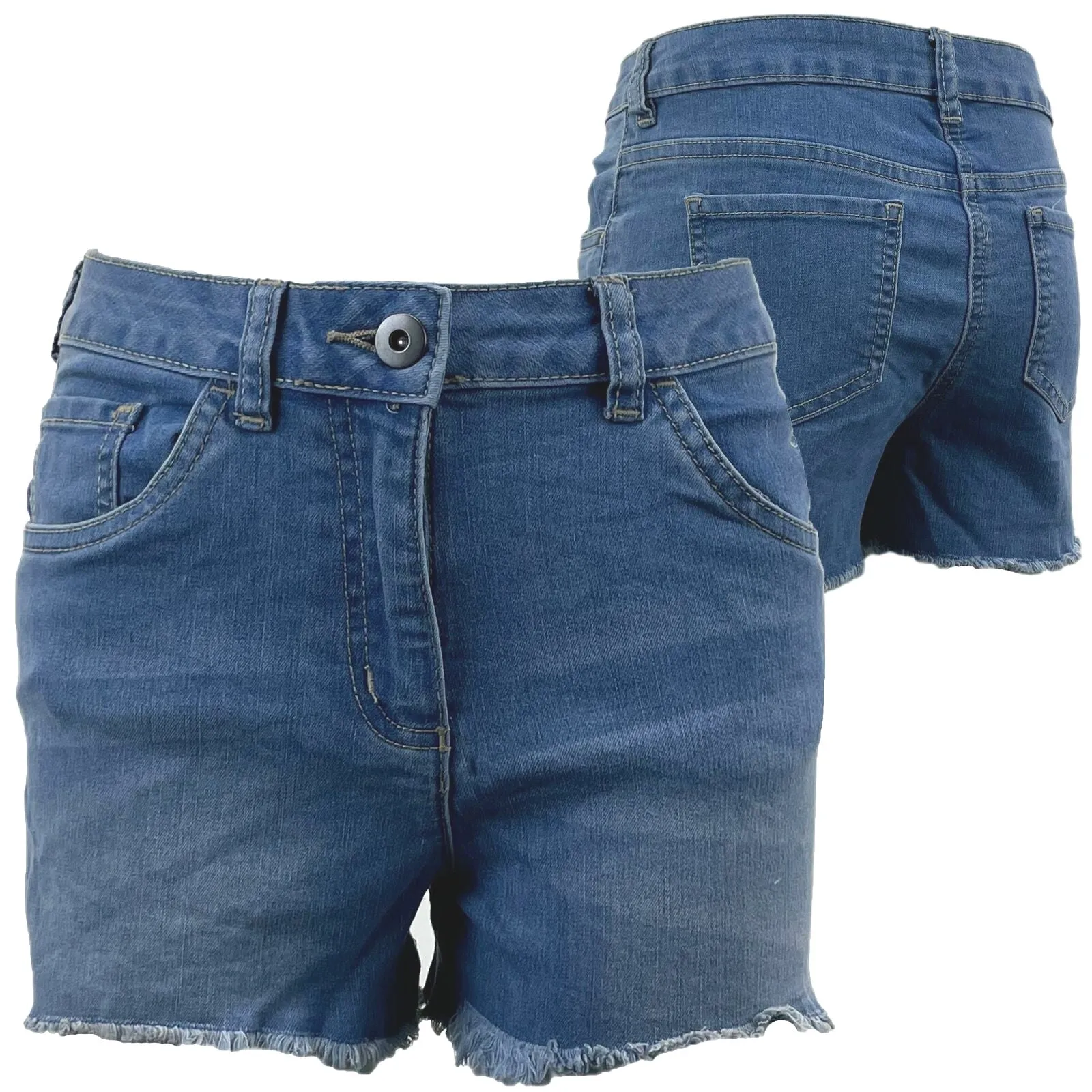 Girls Mid Blue Raw Hem Denim Shorts