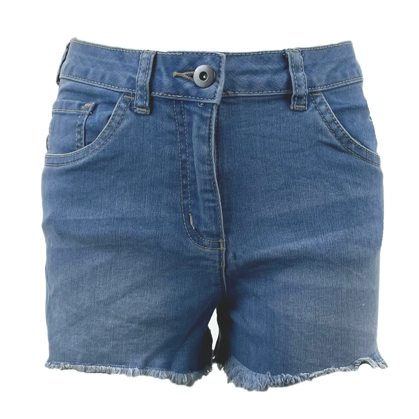 Girls Mid Blue Raw Hem Denim Shorts