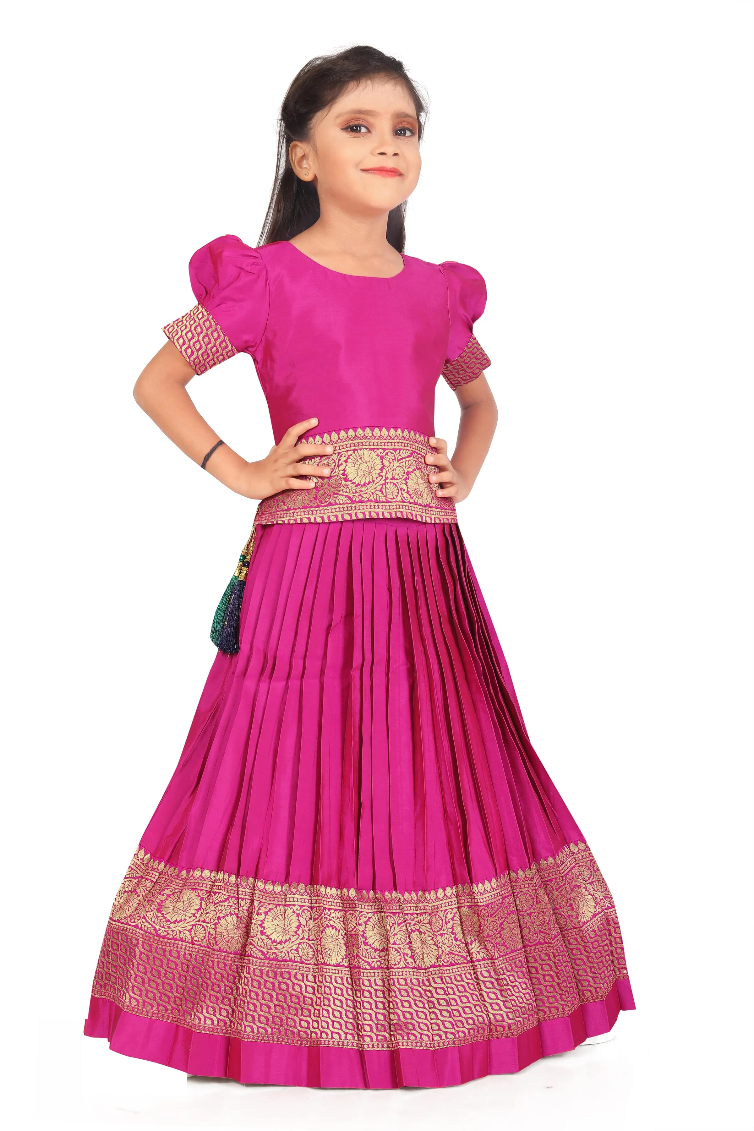 Girl's Pattu Pavadai Pink Readymade Jacquard Lehenga Choli