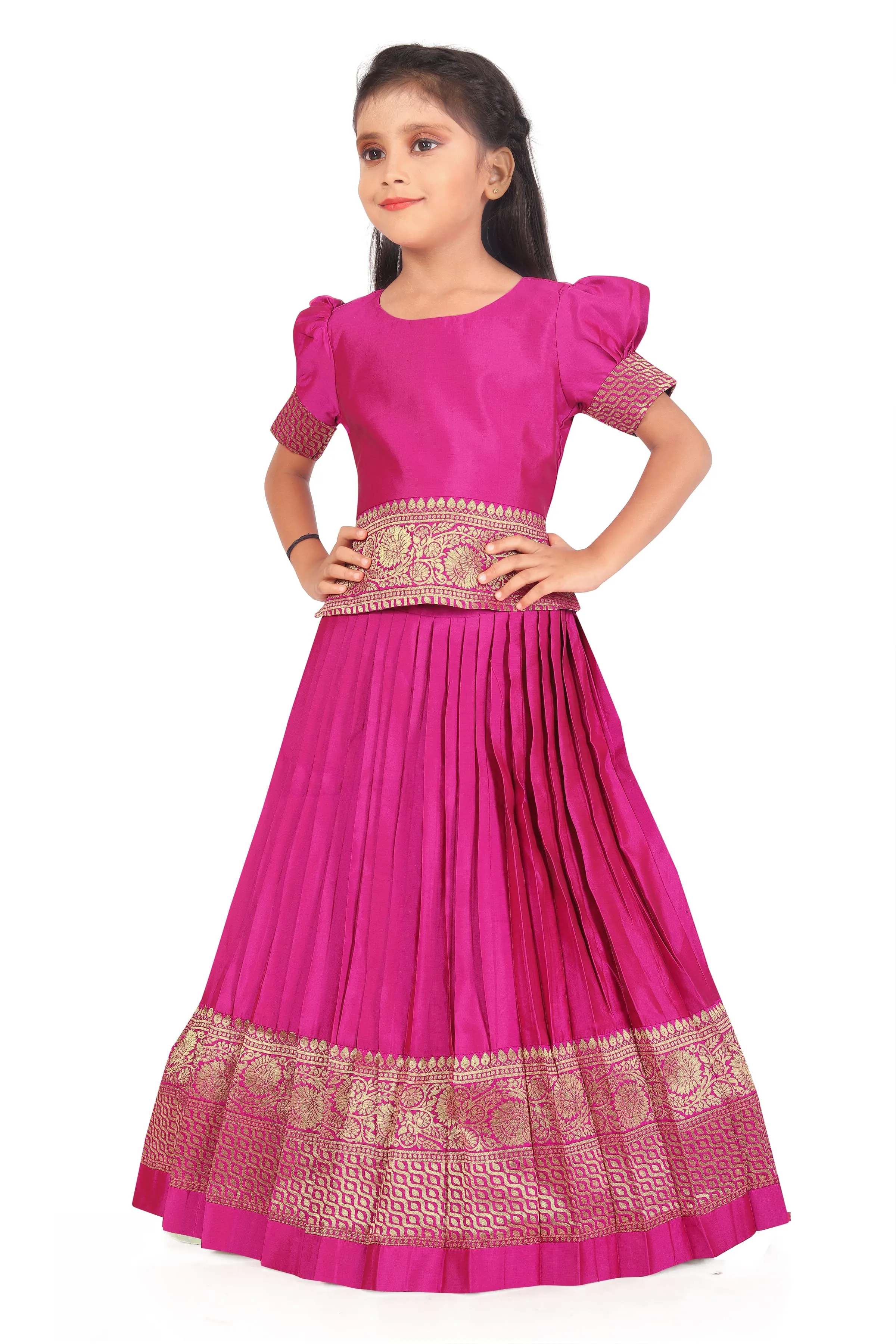 Girl's Pattu Pavadai Pink Readymade Jacquard Lehenga Choli