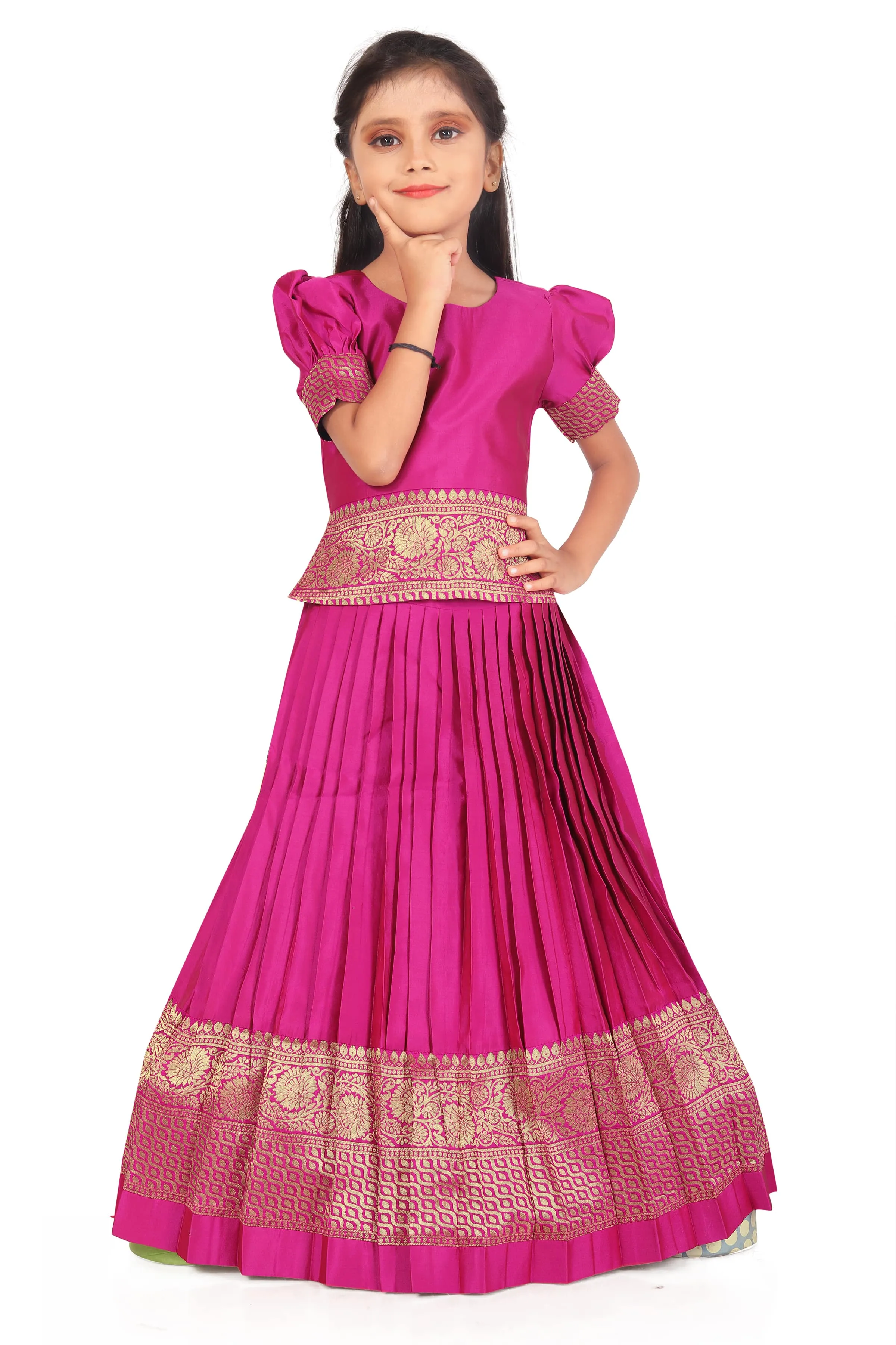 Girl's Pattu Pavadai Pink Readymade Jacquard Lehenga Choli
