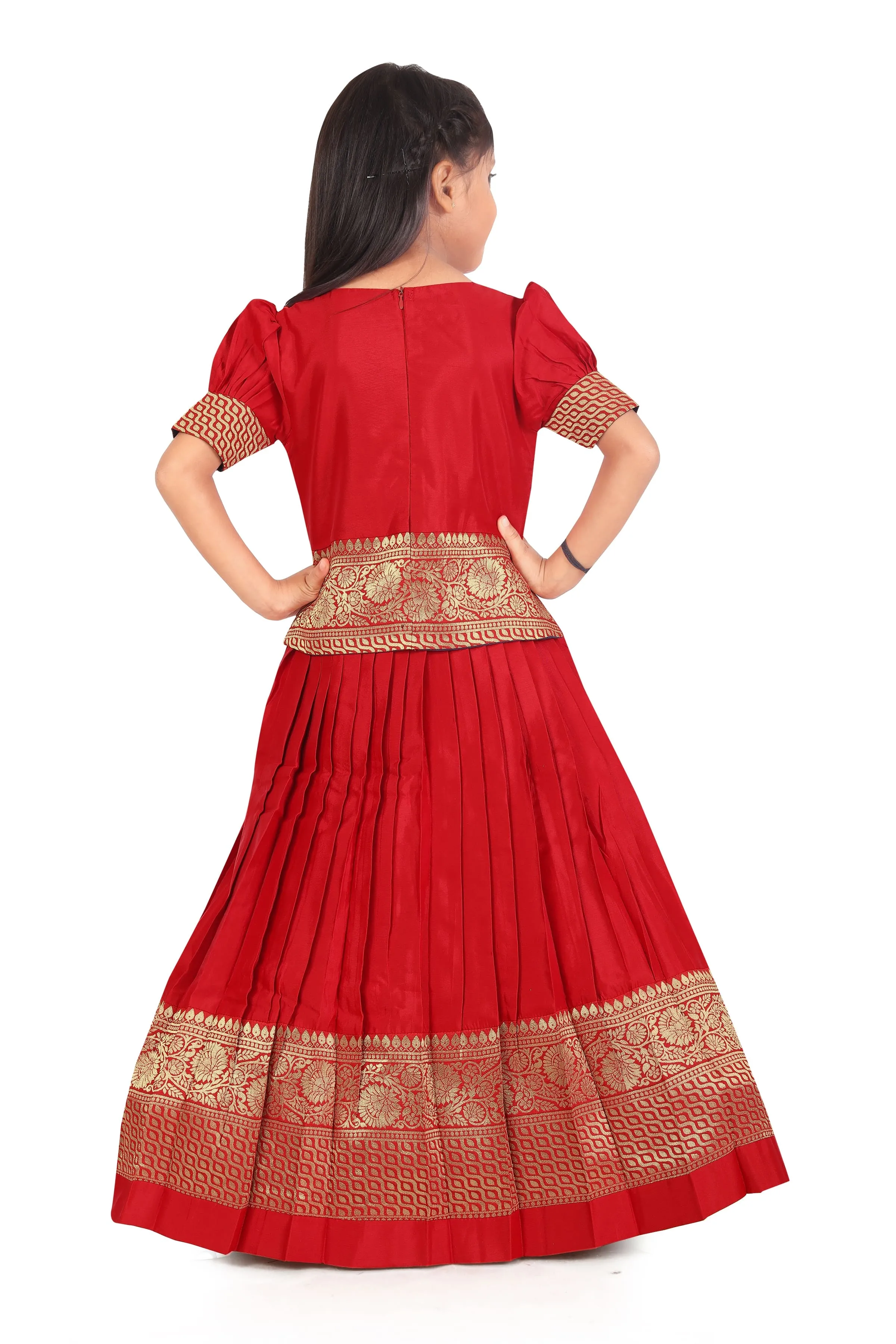 Girl's Pattu Pavadai Red Readymade Jacquard Lehenga Choli