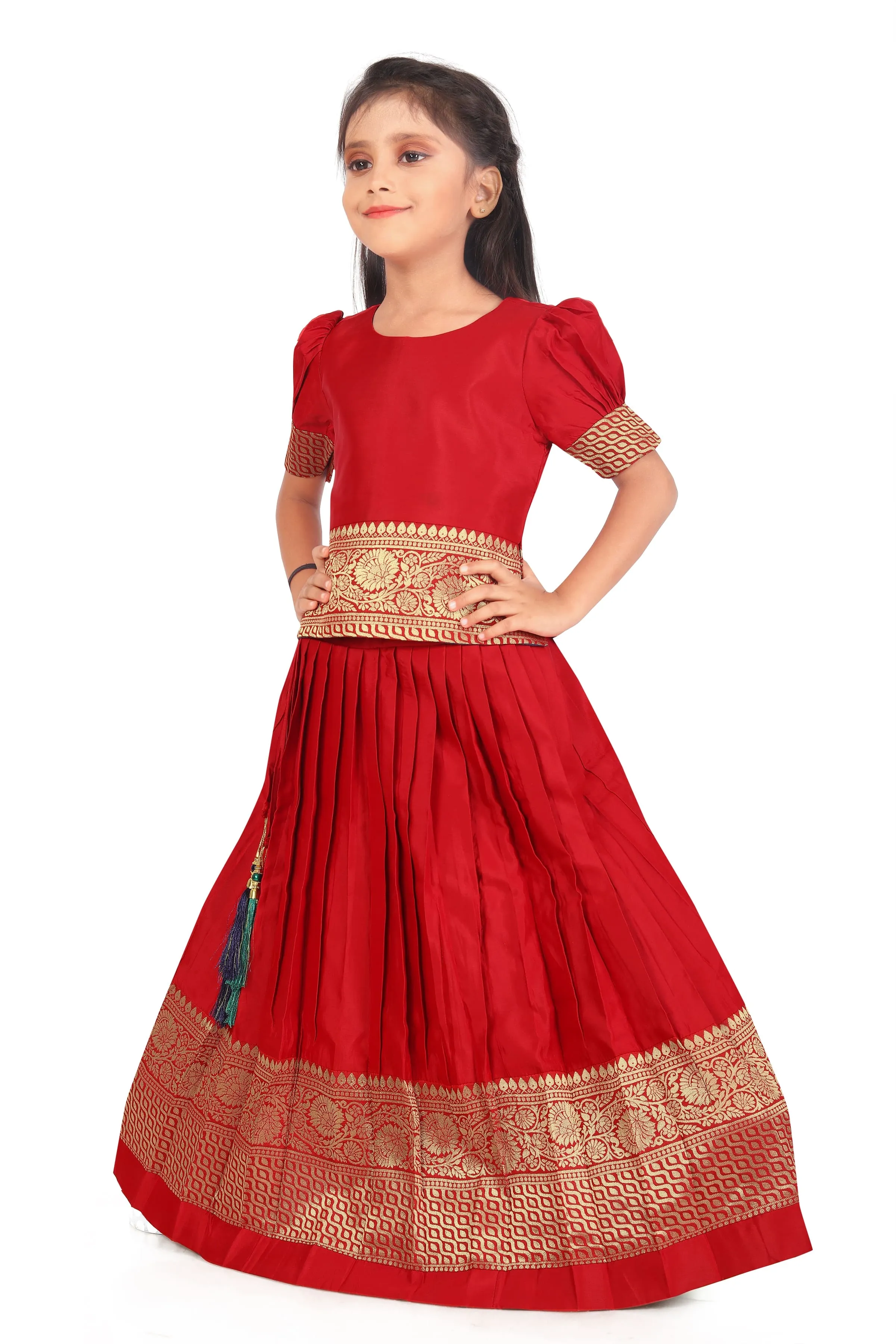 Girl's Pattu Pavadai Red Readymade Jacquard Lehenga Choli