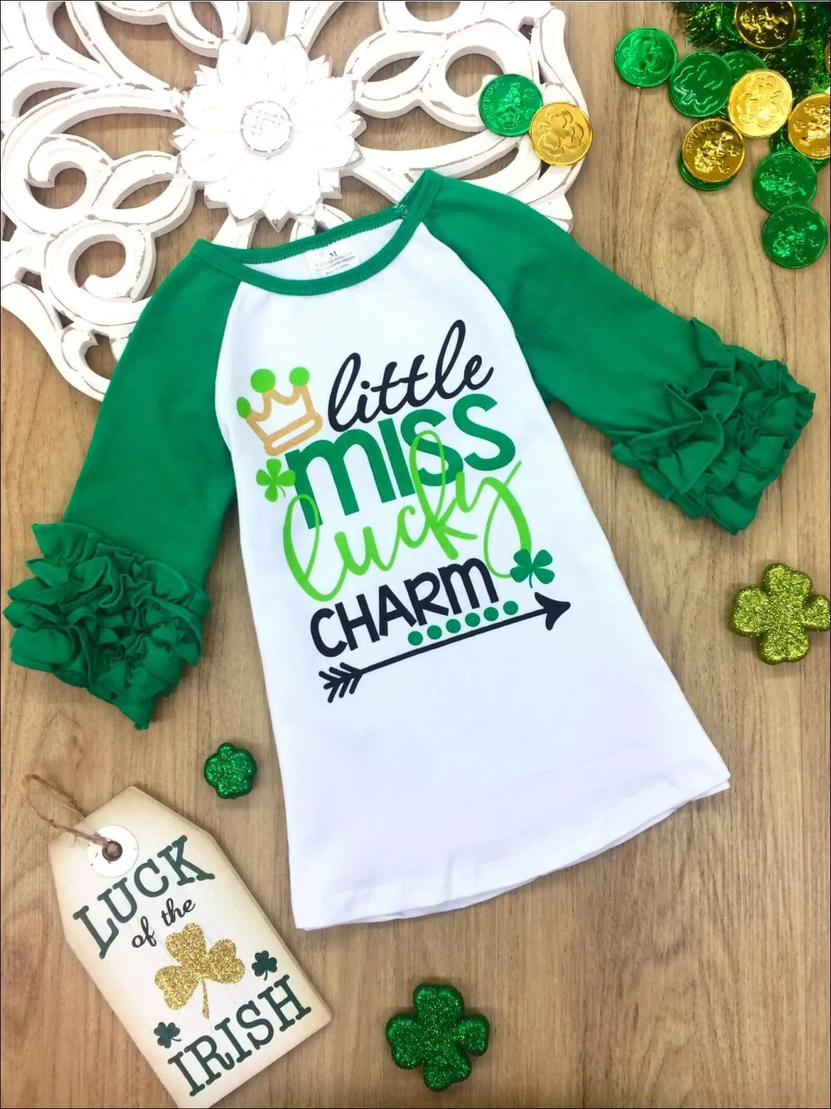 Girls "Little Miss Lucky Charm" Ruffled 3/4 Sleeved St Patrick's Day Top