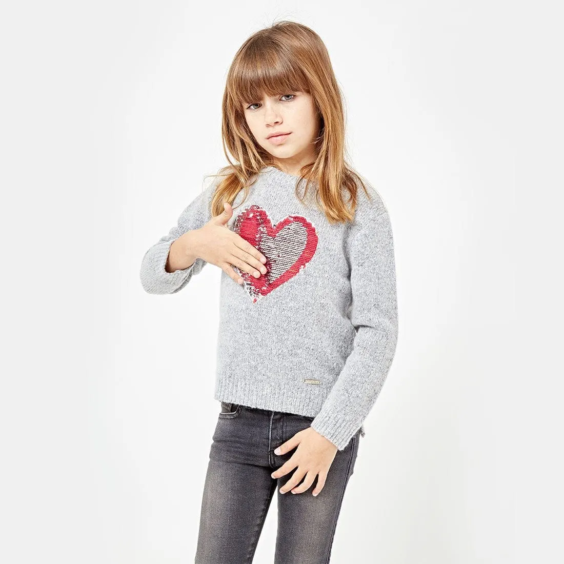 Girls "Sequins Heart" Grey Sweater