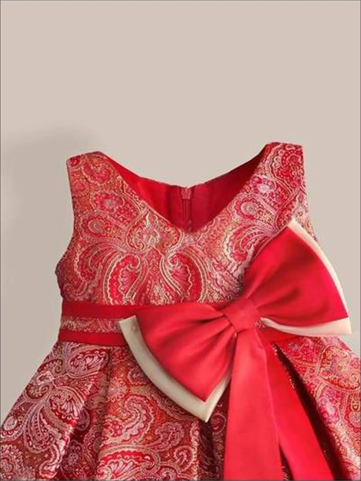 Girls Red And Gold Paisley Print Party Dress with Large Bow