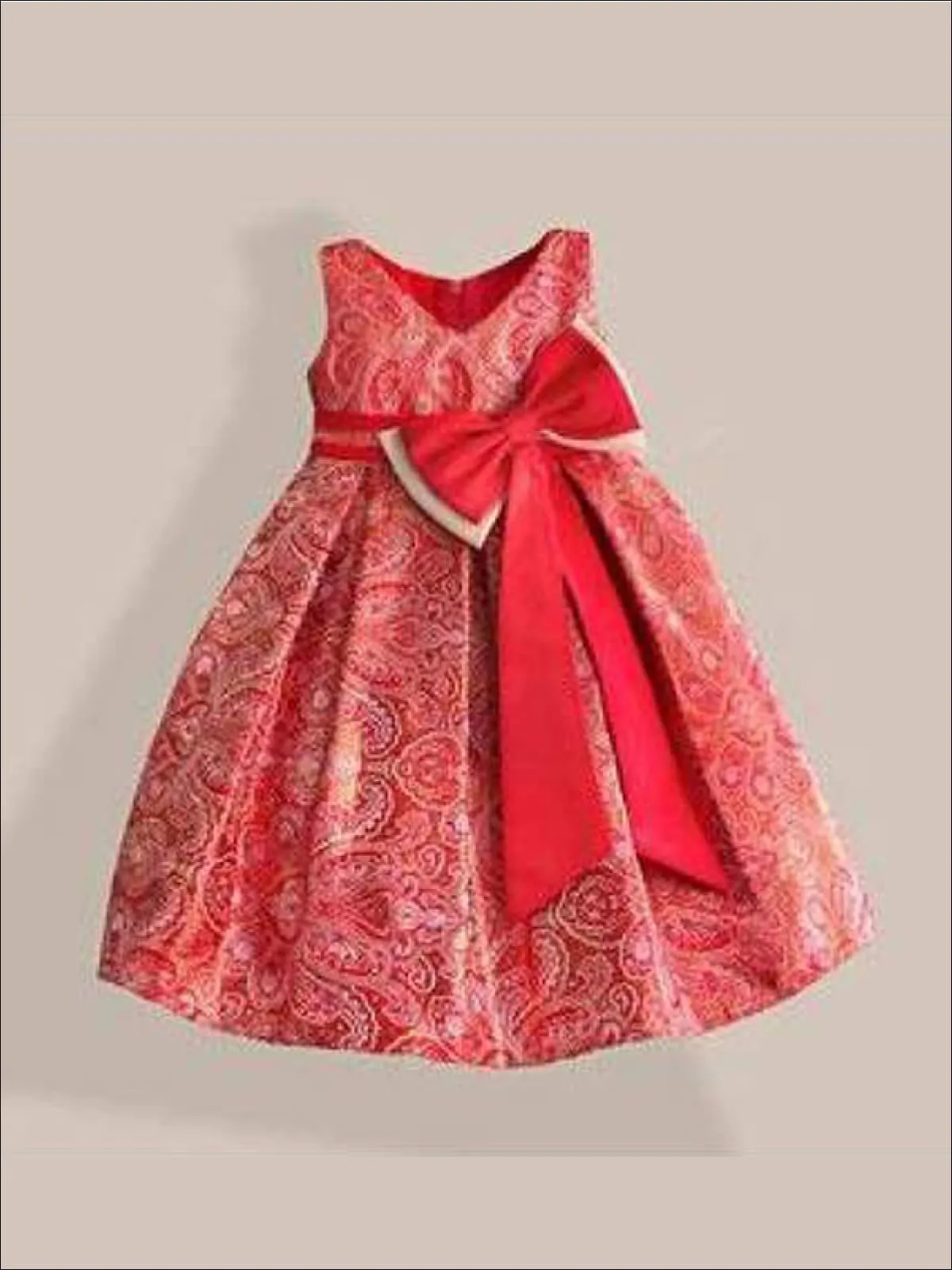 Girls Red And Gold Paisley Print Party Dress with Large Bow