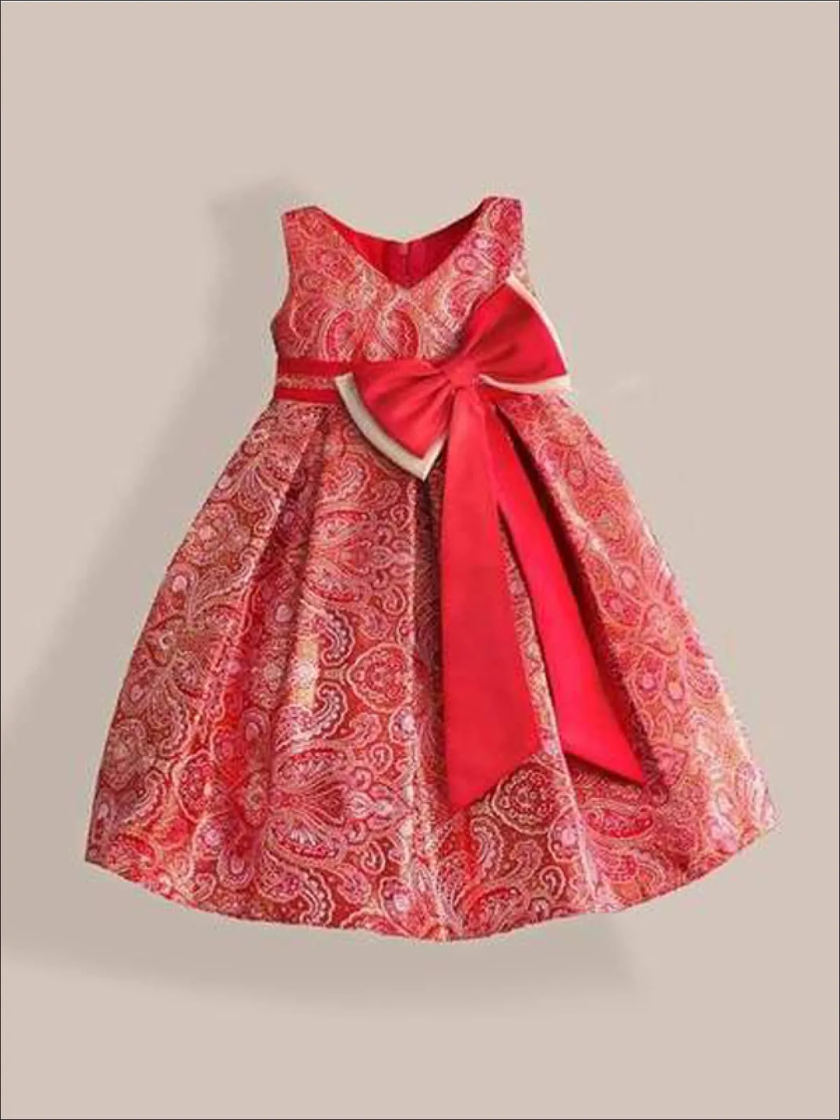 Girls Red And Gold Paisley Print Party Dress with Large Bow